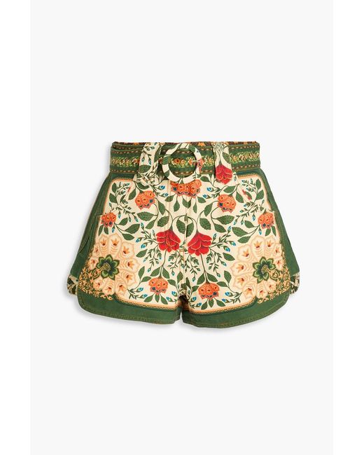 Farm Rio Green Belted Floral-print Cotton Shorts