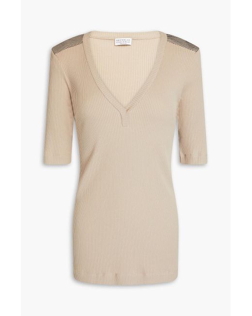 Brunello Cucinelli Natural Bead-embellished Ribbed Cotton Top