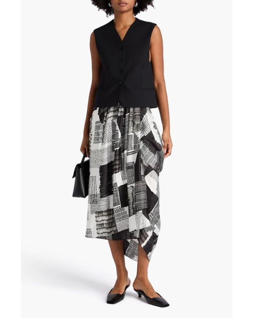 High White Draped Printed Satin Midi Skirt