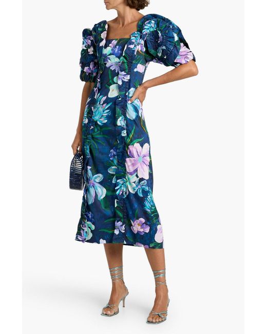 Farm Rio Blue Ruffled Floral-Print Cotton-Poplin Midi Dress