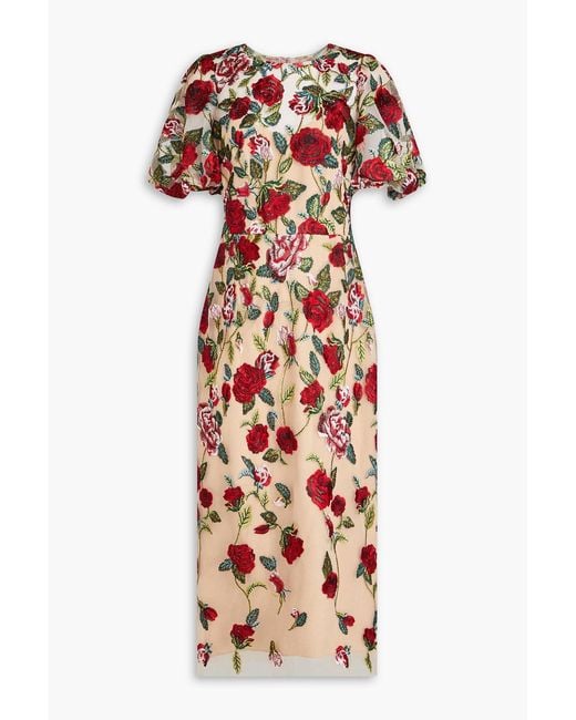 Marchesa Red Embroide Tulle Midi Dress