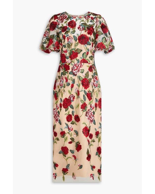 Marchesa Red Embroide Tulle Midi Dress