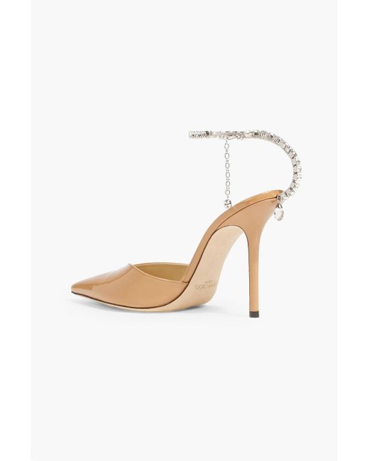 Jimmy Choo Brown Saeda 100 Crystal-Embellished Patent-Leather Pumps