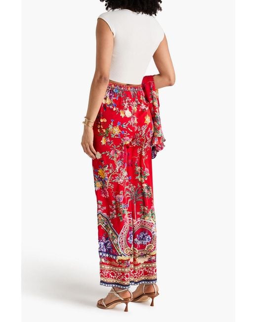 Camilla Red Floral-Print Embellished Silk-Satin Wide-Leg Pants
