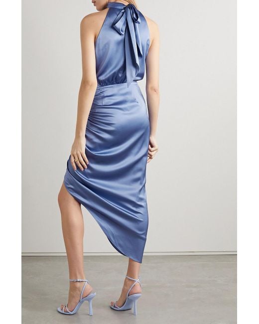Veronica Beard Blue Gabriella Ruched Stretch Silk-blend Satin Halterneck Midi Dress