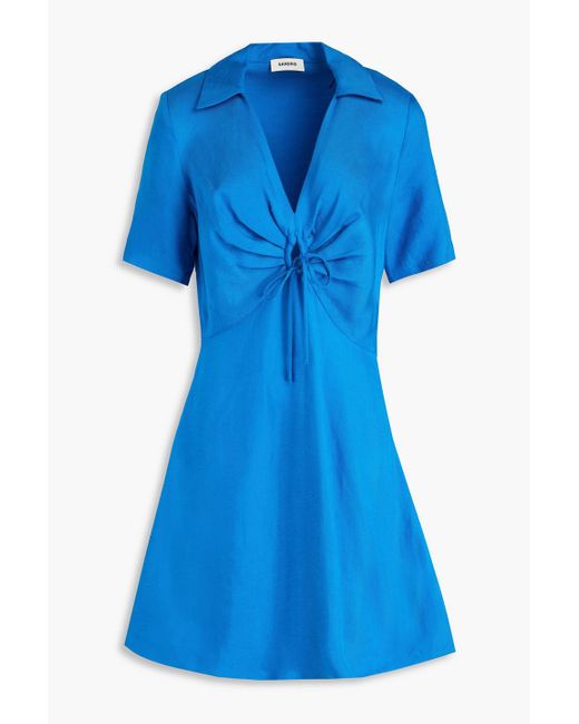 Sandro Blue Bow-detailed Ruched Twill Mini Dress