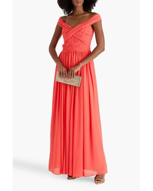 Badgley Mischka Red Off-The-Shoulder Pintucked Georgette Gown