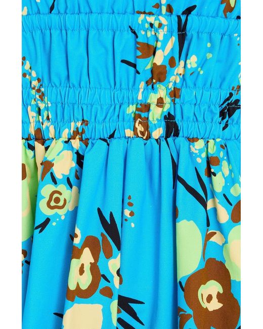 Tory Burch Blue Shirred Floral-print Cotton Midi Dress
