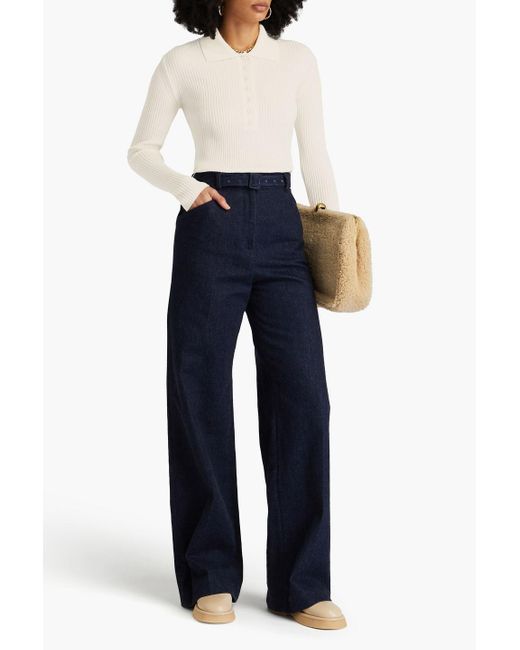 Another Tomorrow Natural Ribbed Merino Wool-blend Polo Sweater