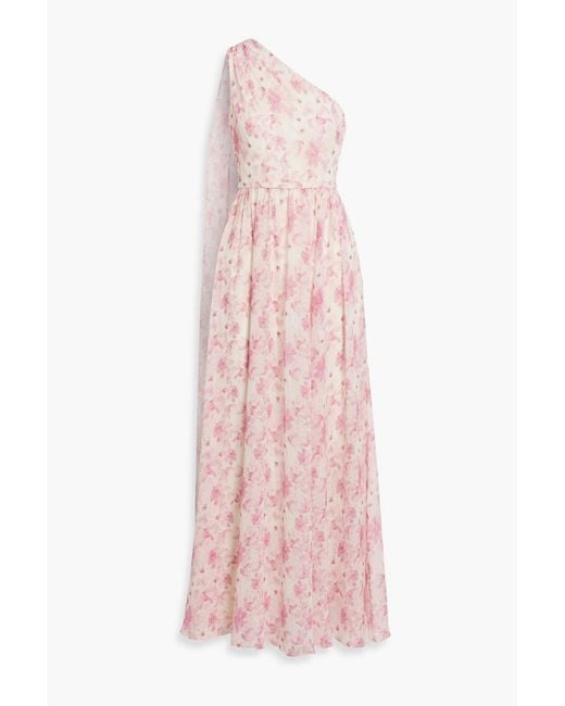 Mikael Aghal Pink One-Shoulder Floral-Print Chiffon Maxi Dress