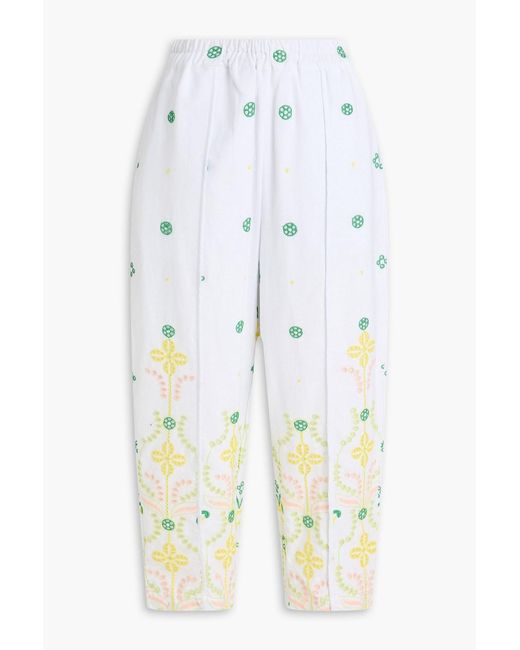 Charo Ruiz White Lya Cropped Embroidered Cotton-Blend Tapered Pants
