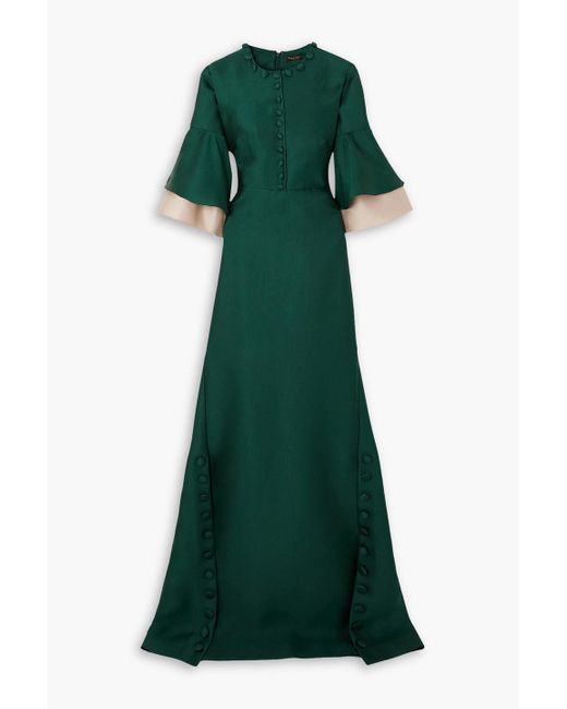 Reem Acra Green Button-embellished Ruffled Satin-piqué Gown