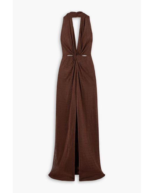 Costarellos Brown Ambrie Cutout Jersey Halterneck Gown