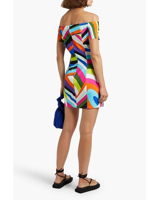 Emilio Pucci Blue Off-the-shoulder Printed Stretch-ponte Mini Dress