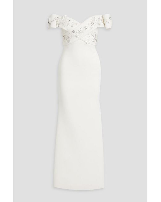 Badgley Mischka White Off-the-shoulder Embellished Scuba Gown