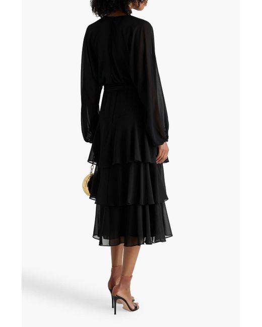 Mikael Aghal Black Tiered Chiffon Midi Dress