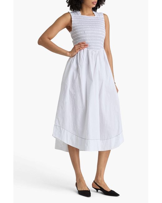 Ganni White Shirred Cotton-Blend Poplin Midi Dress