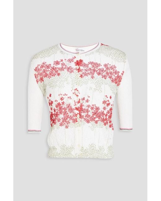 RED Valentino Gray Floral-print Pointelle-knit Cotton-blend Cardigan