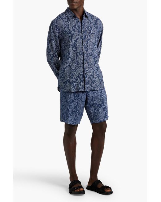 120% Lino Blue Paisley-print Linen Shorts for men