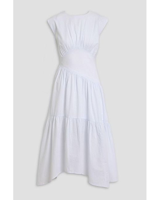 FRAME White Gathered Cotton-Seersucker Midi Dress