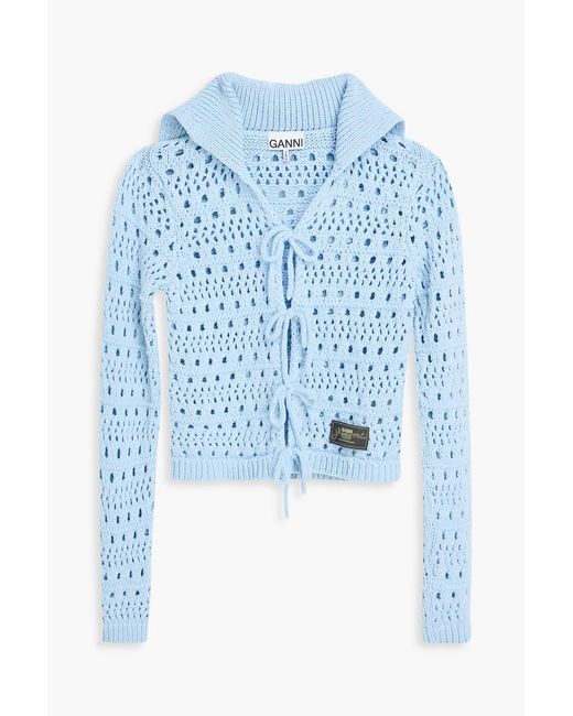 Ganni Blue Open-knit Cotton-blend Cardigan
