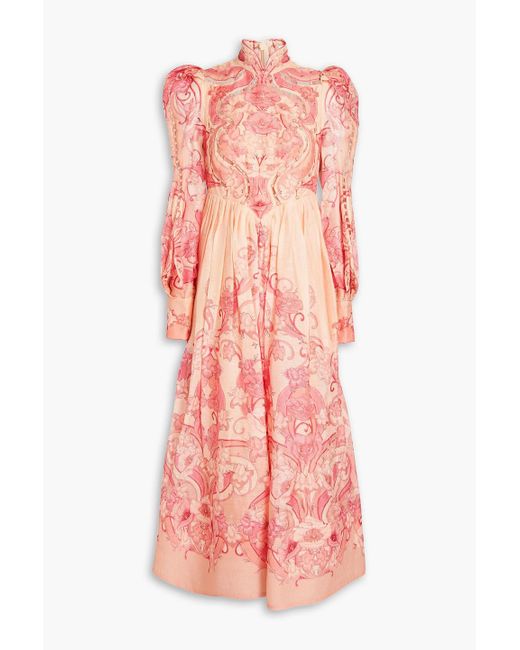 Zimmermann Pink Concert Pleated Floral-print Linen And Silk-blend Gauze Midi Dress