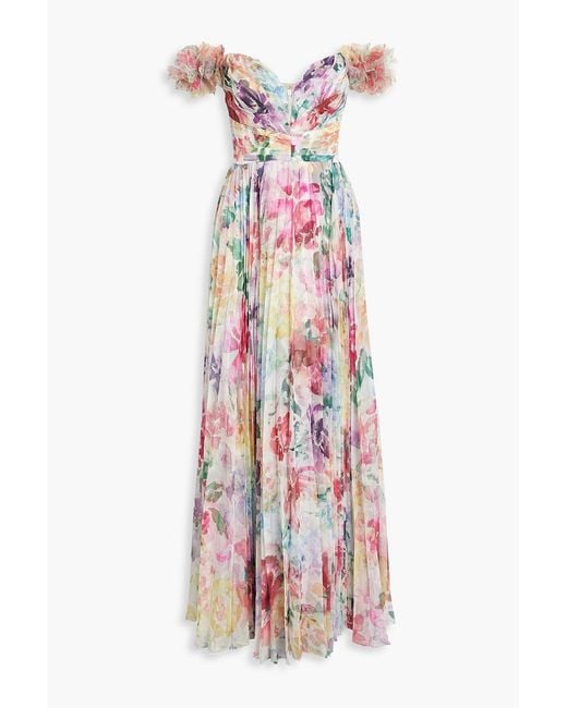 Marchesa White Off-the-shoulder Pleated Printed Chiffon Gown