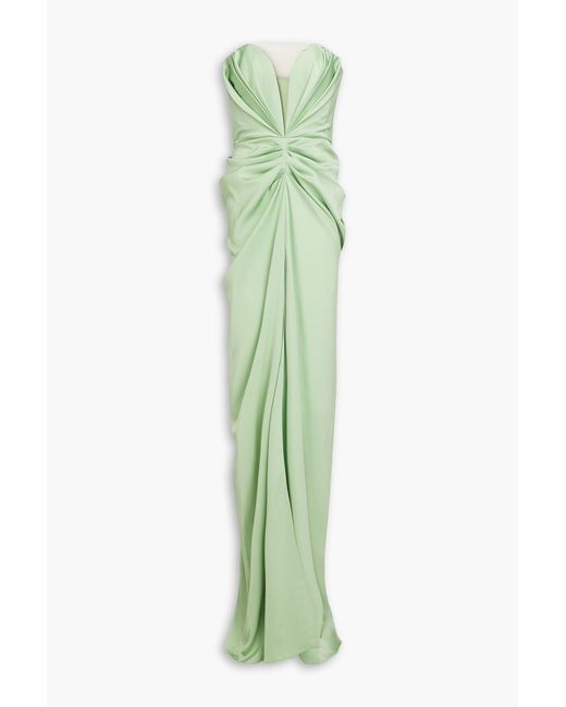 Rhea Costa Green Strapless Pleated Satin Gown