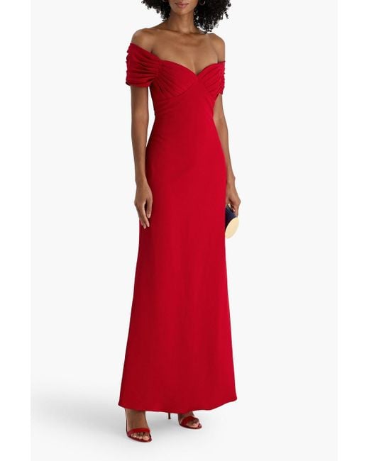 Badgley Mischka Red Off-The-Shoulder Cutout Crepe Gown