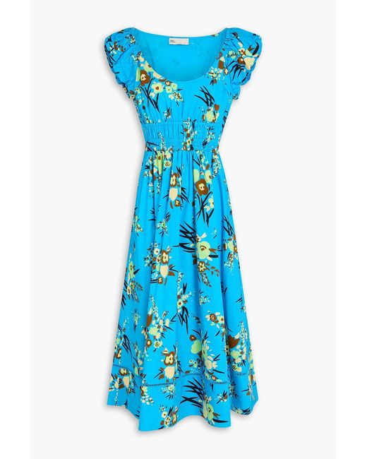Tory Burch Blue Shirred Floral-print Cotton Midi Dress