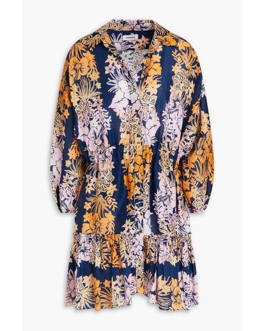 Sandro Blue Floral-print Linen And Silk-blend Mini Dress