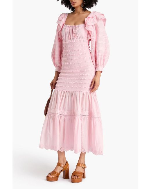 Farm Rio Pink Ruffled Broderie Anglaise Cotton Midi Dress