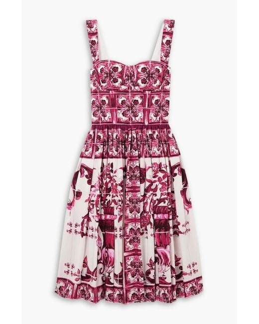 Dolce Gabbana Maiolica Pleated Printed Cotton poplin Dress in Red Lyst Canada