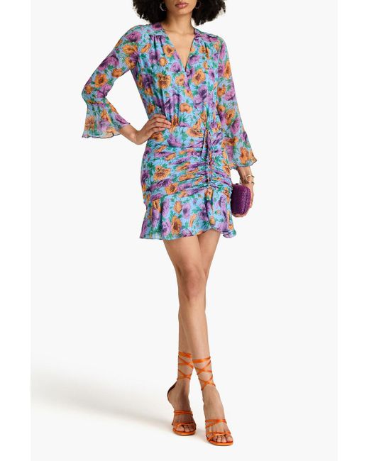 Veronica Beard Blue Sean Ruched Floral-print Silk-chiffon Mini Dress