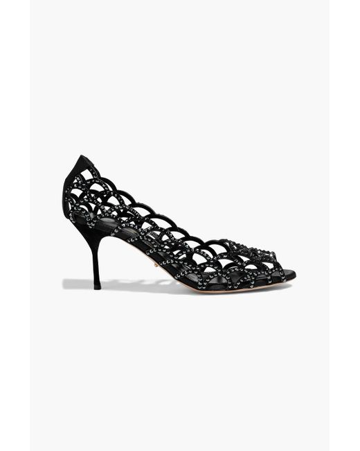 Sergio Rossi Crystal-embellished Laser-cut Suede And Satin Sandals in Black  | Lyst