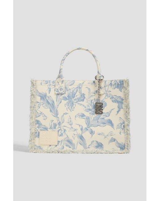 Sandro Blue Frayed Printed Canvas Tote