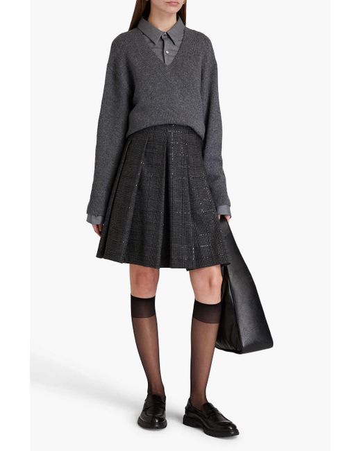 Brunello Cucinelli Black Pleated Checked Wool-blend Mini Skirt