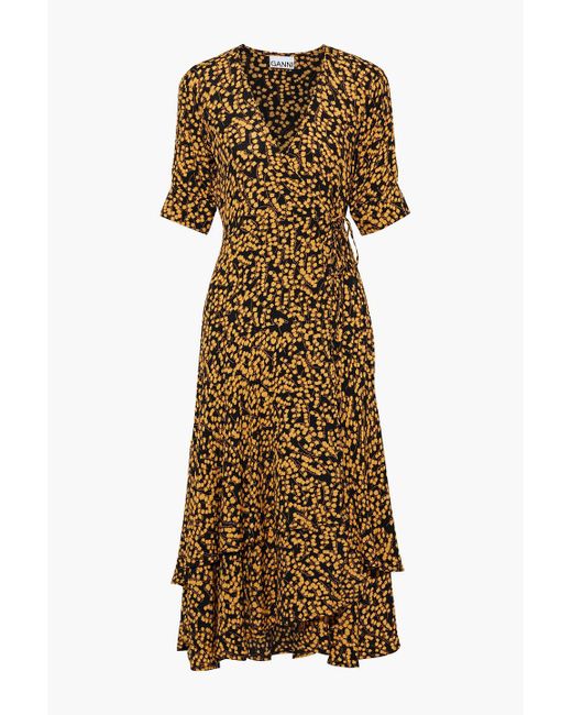 Ganni The Dexter Ruffled Floral print Crepe Midi Wrap Dress in
