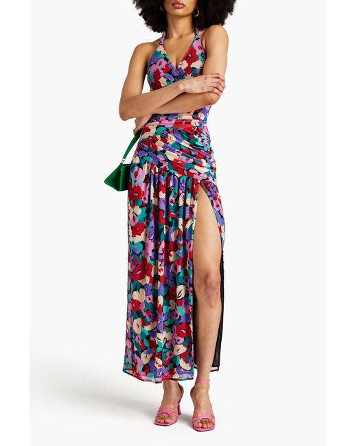 Nicholas White Ruched Printed Stretch-mesh Halterneck Midi Dress