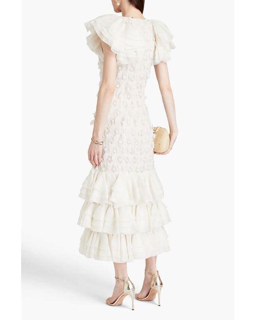 Zimmermann White Tiered Chiffon-paneled Linen And Silk-blend Gown