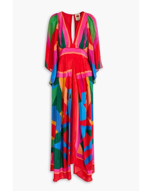 Farm Rio Red Pleated Printed Satin Maxi Dress