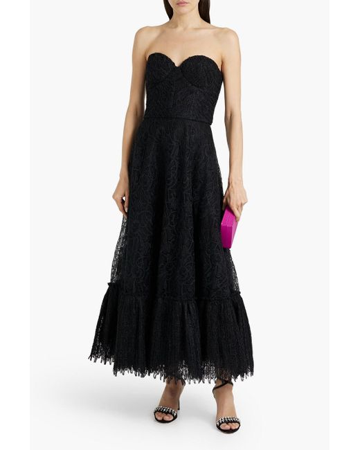Costarellos Black Strapless Guipure Lace Maxi Dress