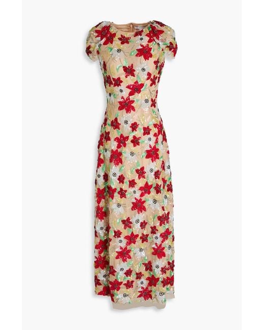 Rachel Gilbert Red Thea Embellished Tulle Maxi Dress