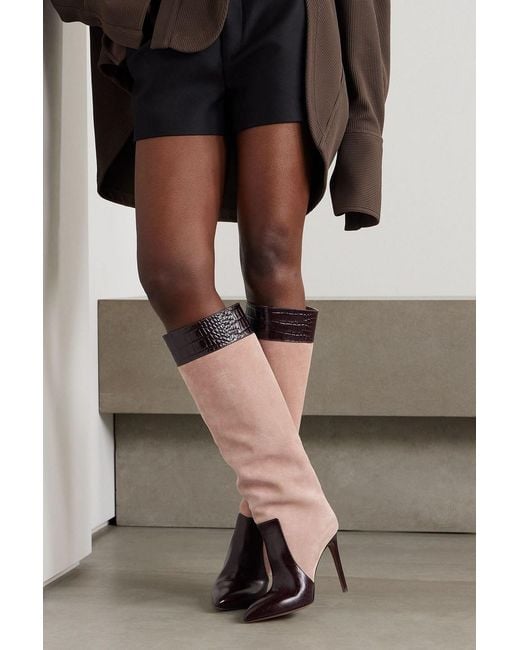 Paris Texas Black Croc-Effect Leather-Trimmed Suede Knee-High Boots