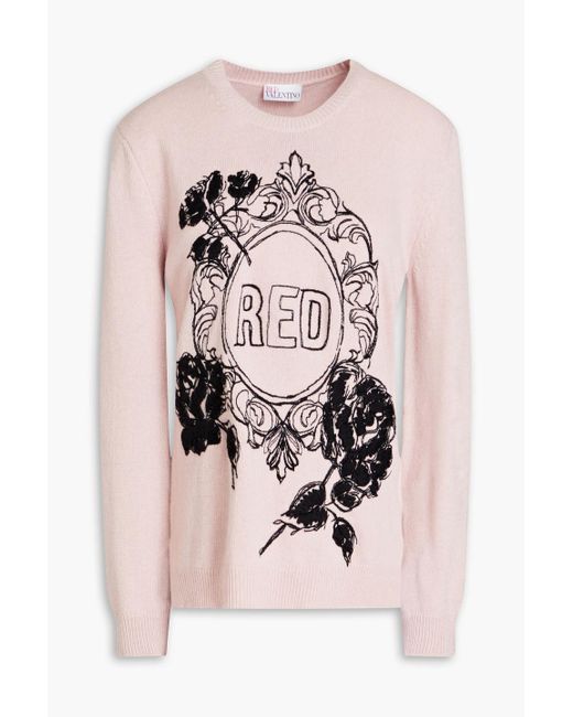 RED Valentino Pink Embroidered Intarsia-knit Sweater