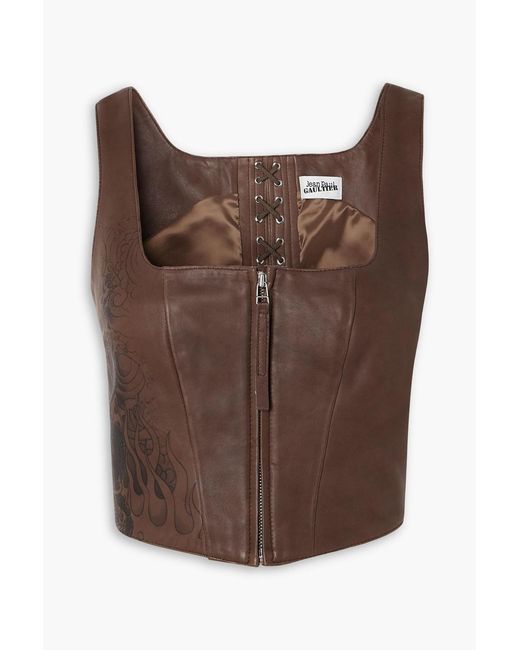 Jean Paul Gaultier Brown Cropped Lace-up Printed Leather Bustier Top