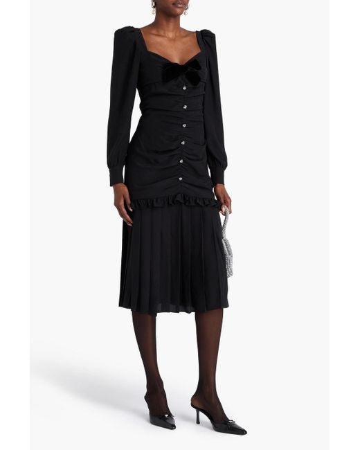 Alessandra Rich Black Midikleid aus crêpe de chine aus seide mit raffungen und schleife