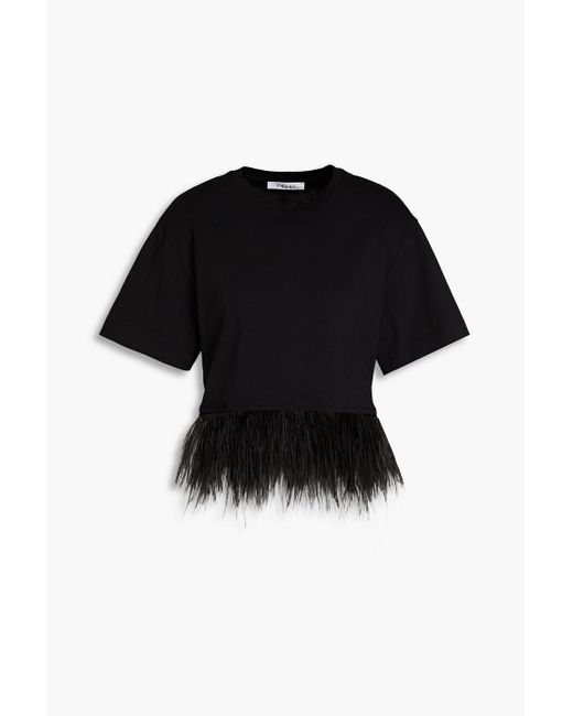FRAME Black Cropped Feather-embellished Cotton-jersey T-shirt