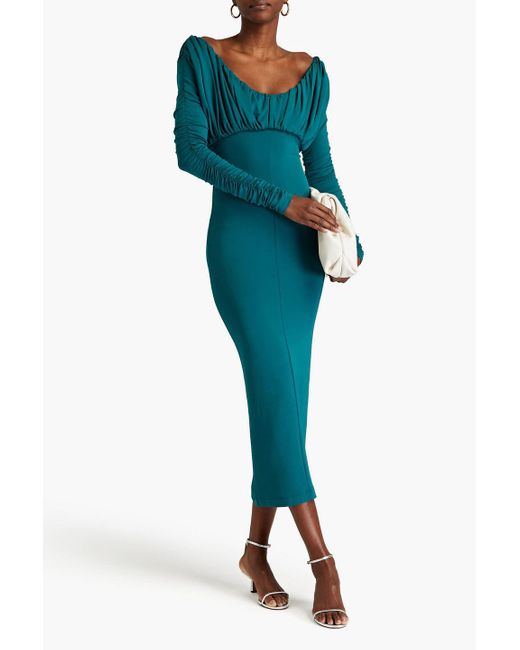 TOVE Green Riley Off-the-shoulder Ruched Stretch-crepe Midi Dress