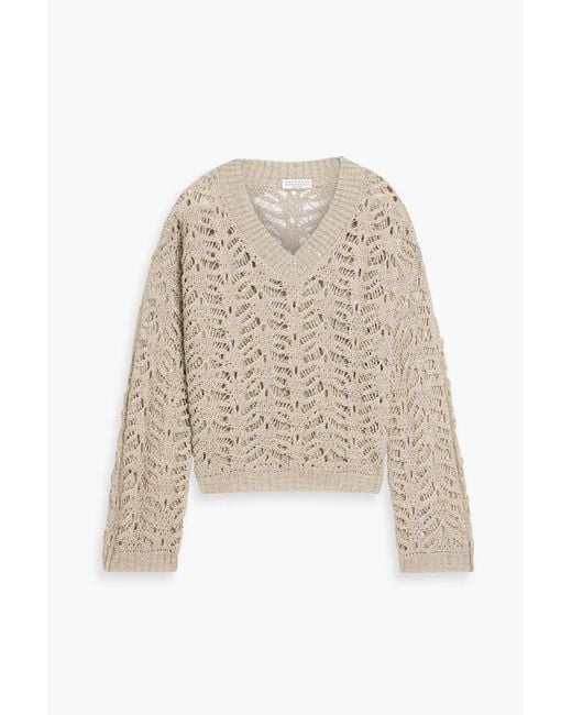 Brunello Cucinelli Natural Sequin-Embellished Crochet-Knit Linen-Blend Sweater